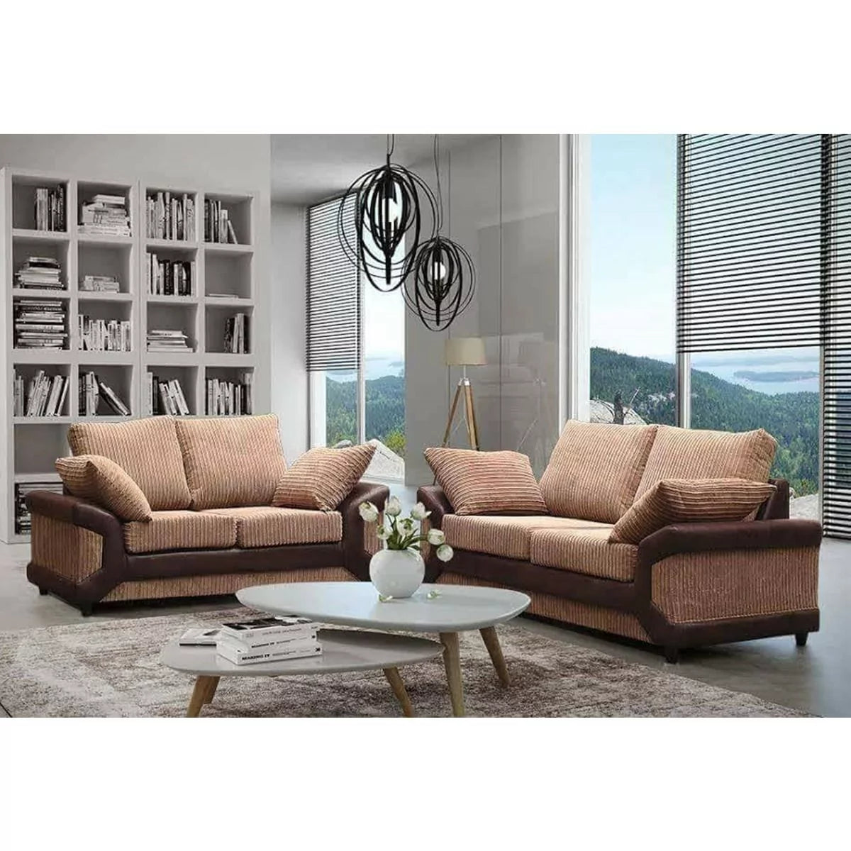 Swansea High Back Fabric 3 Seater and 2 Seater Sofa Set - Brown with Beige or Grey with Black