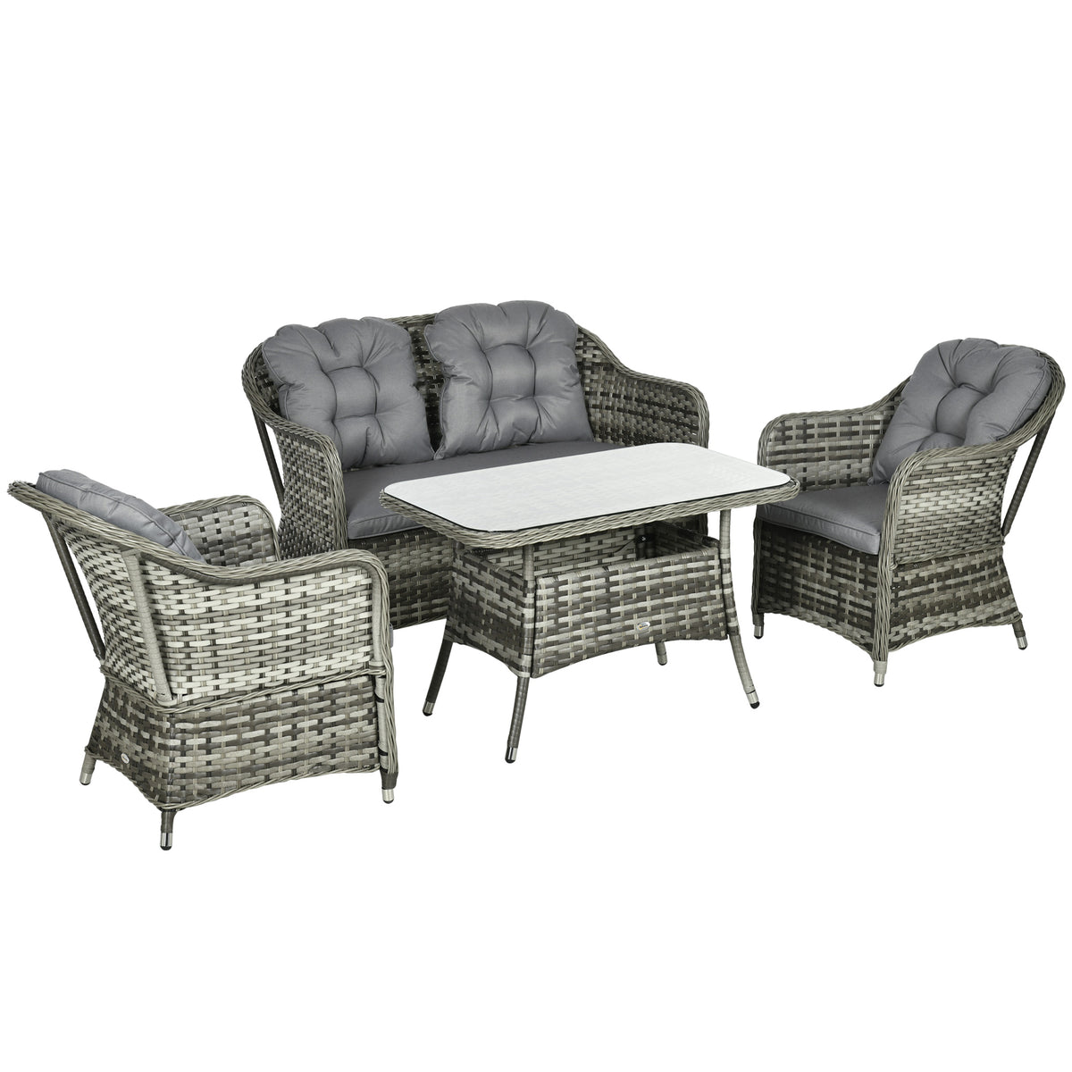 Outsunny Four-Piece Rattan Set, with Glass-Top Table - Grey