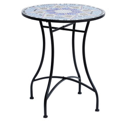 Outsunny Outdoor Mosaic Round Garden Table, Patio Bistro Coffee Side Table with 60cm Ceramic Top for Garden, Blue and White