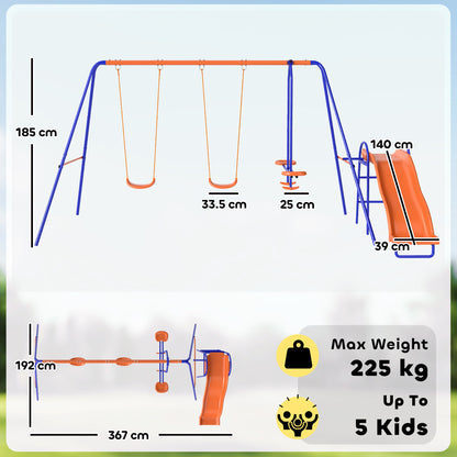 Outsunny Four-In-One Metal Garden Swing Set, with Double Swings, Glider, Slider, Ladder - Orange and Blue
