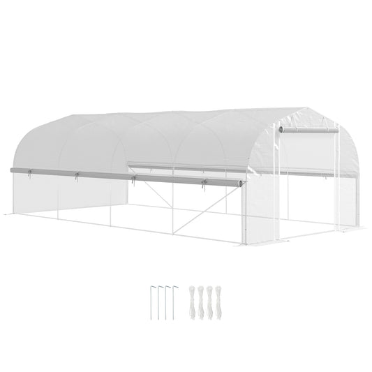 Outsunny 6 x 3 x 2m Walk-in Polytunnel Greenhouse, Zipped Roll Up Sidewalls, Mesh Door, 8 Mesh Windows, Tunnel Warm House Tent with PE Cover, Complimentary Plant Labels and Gloves, White