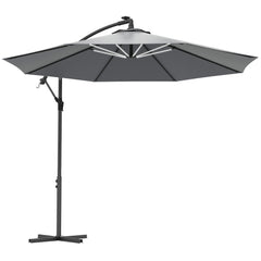 Outsunny 3(m) Cantilever Parasol with Solar LED Lights, Garden Umbrella with Cross Base and Crank Handle, Hanging Offset Banana Sun Shade for Outdoor, Patio, Grey