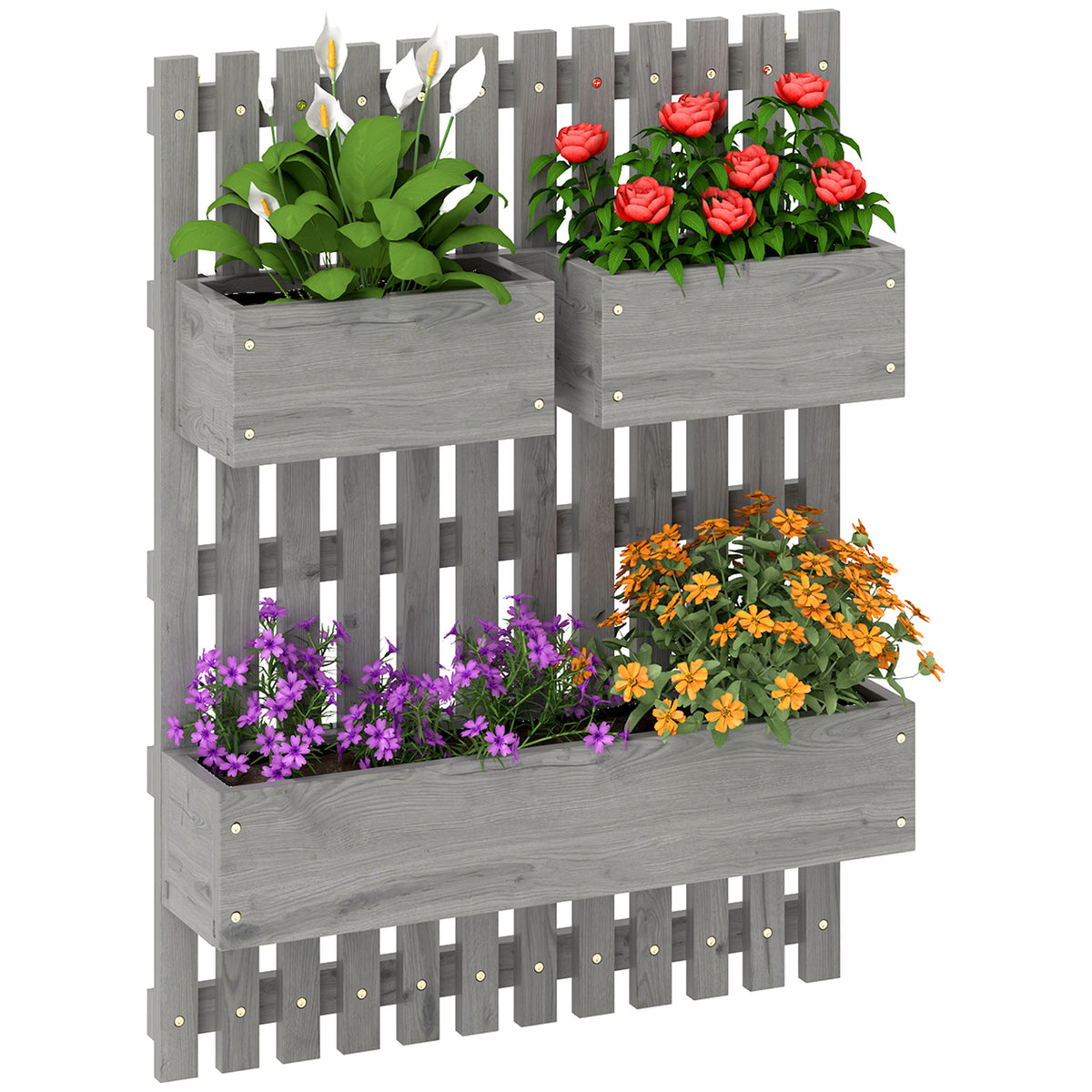 Outsunny Wall-mounted Wooden Garden Planters with Trellis, Drainage Holes and 3 Planter Boxes for Patio, Grey