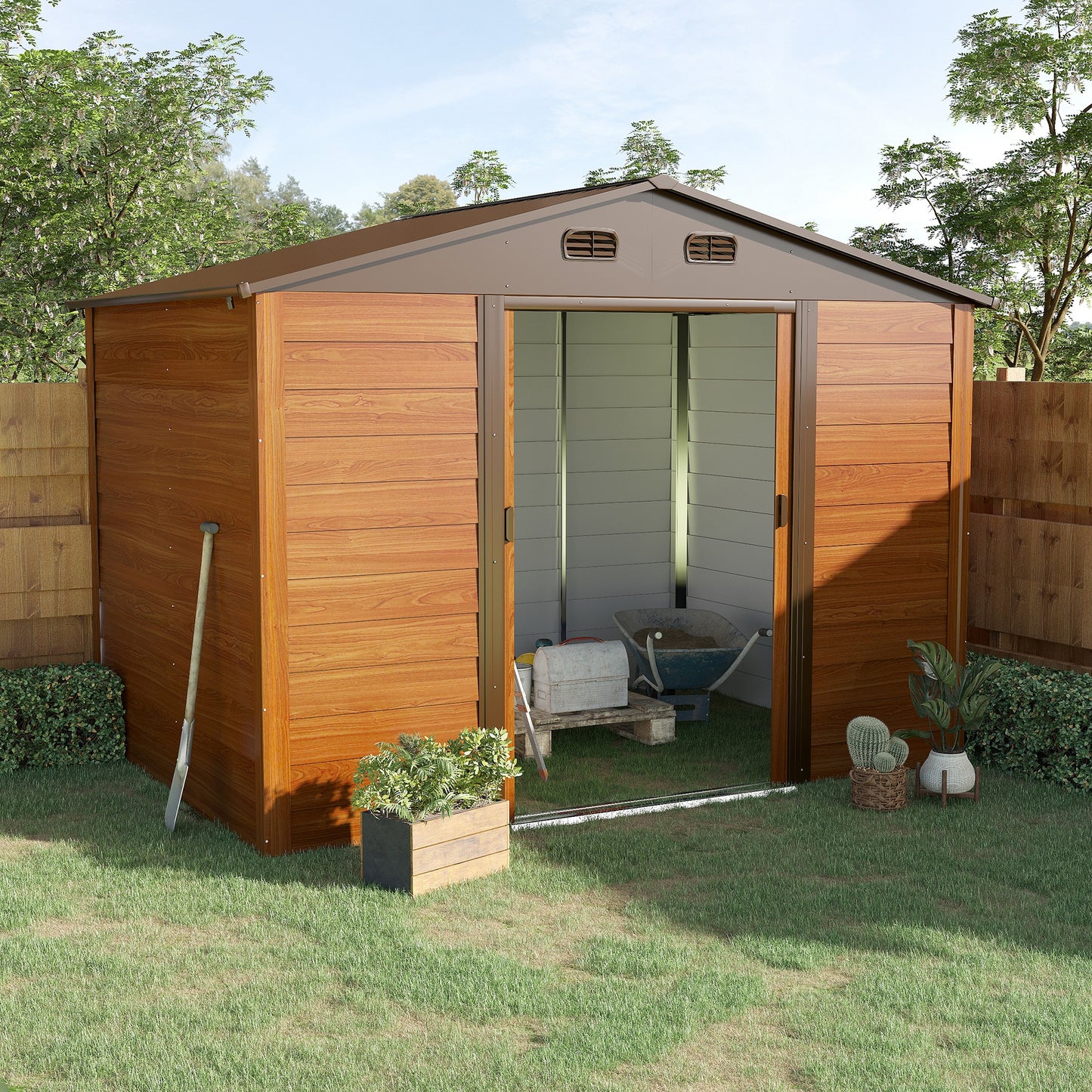 Outsunny 9 x 6ft Metal Garden Shed, House Hut Gardening Tool Storage with Ventilations, Sliding Door, Sloped Roof and Foundation Kit for Garden, Patio, Brown