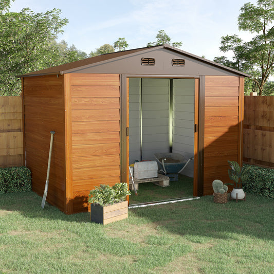 Outsunny 9 x 6ft Metal Garden Shed, House Hut Gardening Tool Storage with Ventilations, Sliding Door, Sloped Roof and Foundation Kit for Garden, Patio, Brown