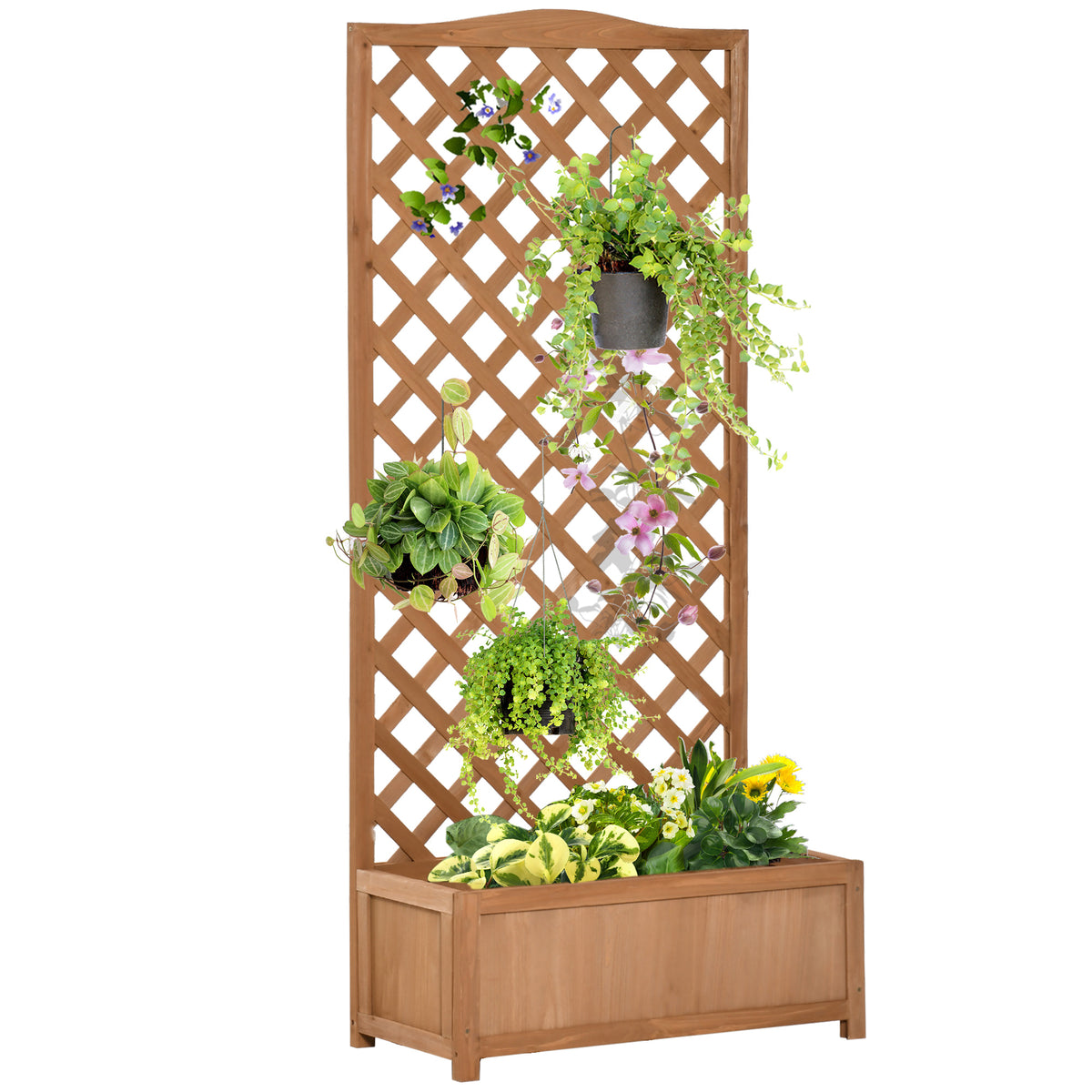 Outsunny 53L Garden Wooden Planter Box with Trellis Free Standing Flower Raised Bed with Lattice for Climbing Plants, 76cm x 36cm x 170cm, Brown