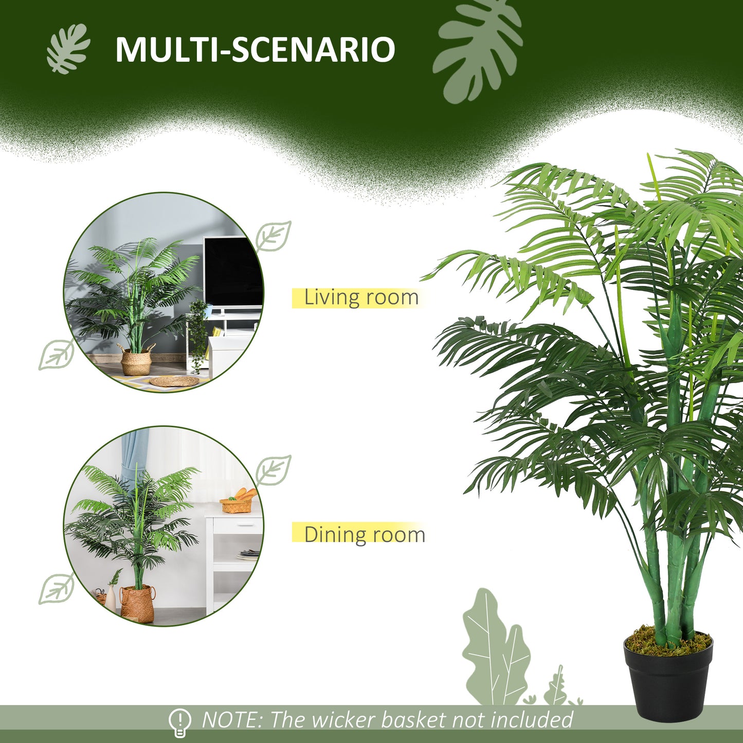 Outsunny 125cm/4FT Artificial Palm Plant Decorative Tree with Nursery Pot, Fake Plastic Indoor Outdoor Home Office D√É¬©cor, Green