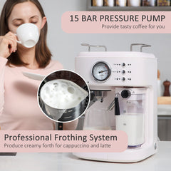 HOMCOM 5Pc Coffee Machine, Espresso & Cappuccino & Latte Maker with Milk Frothing Steamer, 1.5L Removable Water Tank, 2 Cups, 1250W