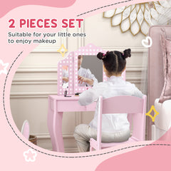 AIYAPLAY Kids Dressing Table Sets with Stool and Tri-Fold Mirror, Drawer for Playroom, Bedroom - Pink