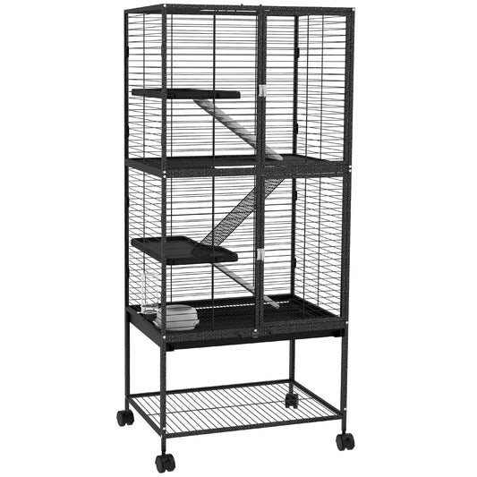 PawHut Rolling Chinchilla Cage, Small Animal Cage for Ferrets w/ Three Doors, Storage, Shelf, Tray Tray, Bowl, Water Bottle