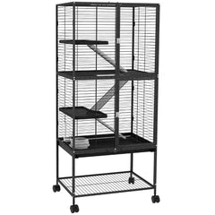 PawHut Rolling Chinchilla Cage, Small Animal Cage for Ferrets w/ Three Doors, Storage, Shelf, Tray Tray, Bowl, Water Bottle