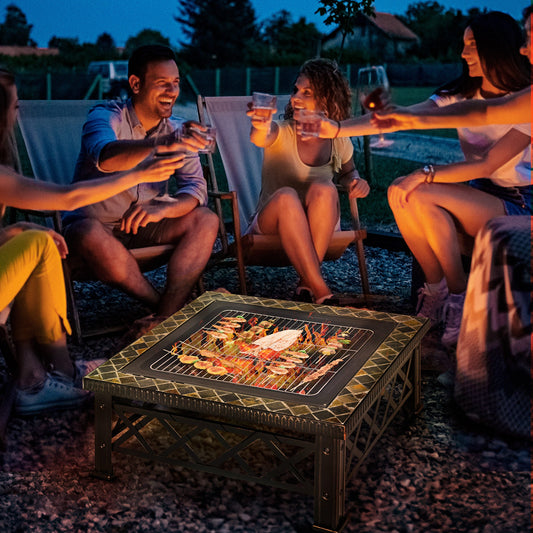 Outsunny Large Outdoor Fire Pit Table, 3 in 1 Square Wood Burning Firepit Metal Brazier, BBQ Grill, Ice Bucket w/ Grill Grate, Log Grate, Lid, Poker for Garden, Camping, Bonfire, 76 x 76 x 47cm, Black