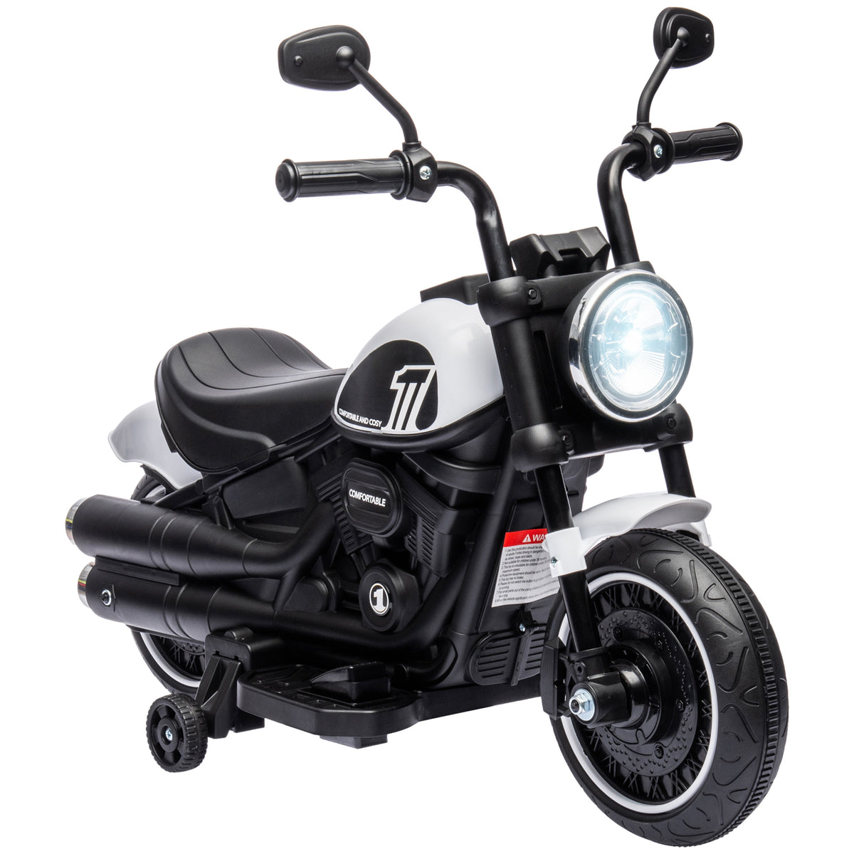 HOMCOM 6v Electric Motorbike with Training Wheels, One-Button Start - White