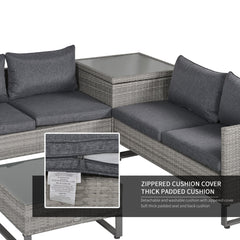 Outsunny 4 PCs PE Rattan Wicker Sofa Set Outdoor Conservatory Furniture Lawn Patio Coffee Table w/ Side Storage Box & Cushion, Grey