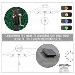 Outsunny â2.7m Garden 24 LED Light Parasol Solar Outdoor Tilt Sun Umbrella Patio Club Party Event Manual Sun Shade w/ Hand Crank and 8 Ribs, Grey