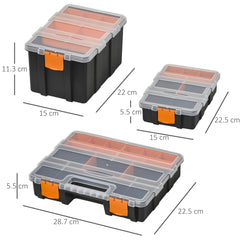 DURHAND Set Of 4 Plastic DIY Tool Storage Boxes w/ Inside Dividers Locking Lids Home Garage Organisation Stacking Arts Crafts Bolts Black Orange