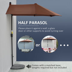 Outsunny 2m Half Parasol Market Umbrella Garden Balcony Parasol with Crank Handle, Base, Double-Sided Canopy, Coffee