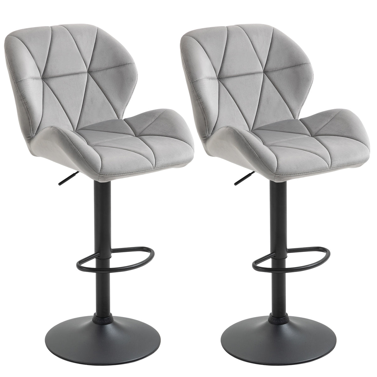 HOMCOM Adjustable Bar Stools Set of 2, Armless Upholstered Swivel Counter Chairs, Barstools with Back, Footrest, Light Grey