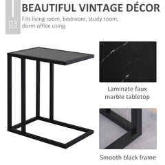 HOMCOM C Shape Bedside Table w/Metal Frame Marble-Effect Top Sofa Narrow Snack End Table for Living Room, Black