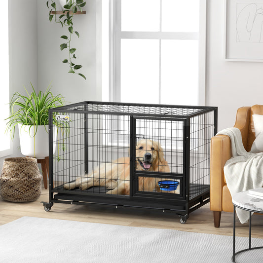 PawHut Heavy Duty Dog Crate on Wheels w/ Bowl Holder, Removable Tray, Openable Top, Detachable Door, for L, XL Dogs