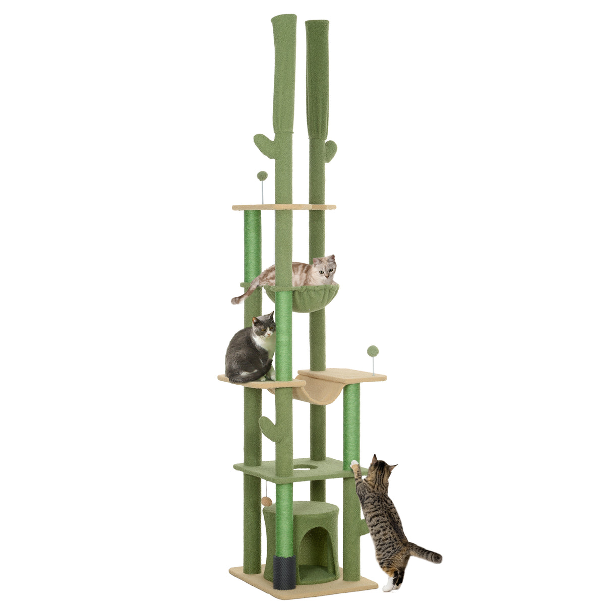 PawHut 225-255cm Adjustable Floor to Ceiling Cat Tree, Tall Cat Tower for Indoor Cats w/ Scratching Posts, Green