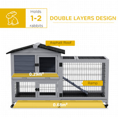 PawHut Portable Rabbit Cage, Rabbit Hutch with Run, Wheels, Three Slide-Out Trays, Ramp, Openable Top for Outdoor Indoor - Grey