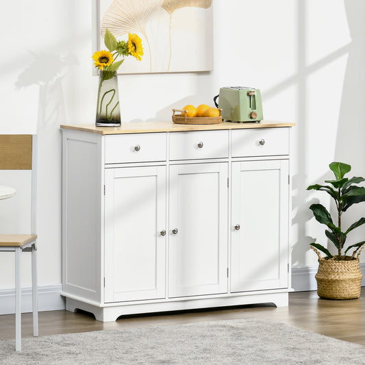 HOMCOM Modern Sideboard with Rubberwood Top, Buffet Cabinet with Storage Cabinets, Drawers and Adjustable Shelves for Dining Room, Kitchen, White