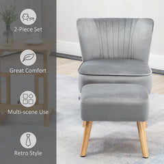 HOMCOM Velvet Accent Chair Occasional Tub Seat Padding Curved Back with Ottoman Wood Frame Legs Home Furniture Light Grey