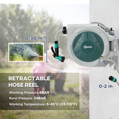 Outsunny Retractable Hose Reel Wall Mounted, 30+2m Garden Hose Pipe Reel with Lock, Auto Rewind, 7 in 1 Spray Nozzle, Includes Wall Fixings, 180√Ç¬∞ Swivel, Outdoor Watering, Grey