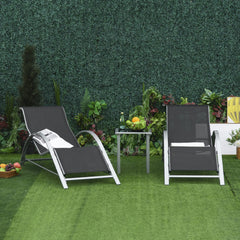 Outsunny 3 Pieces Sun Lounger Chair Set, Metal Frame Garden Outdoor Sunbathing Chair with Side Table and Armrest, Black