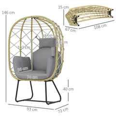 Outsunny Rattan Egg Chair Outdoor Indoor Wicker Chair with Thickened Cushion and Headrest, Standing Garden Egg Chair with Cup Holder, Metal Frame for Patio, Balcony, Grey