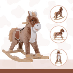 HOMCOM Kids Children Plush Rocking Horse Wooden Base Ride On Toy Rocker with Handle Grip Traditional Toy Fun Gift for Age 3+ (Brown & White)