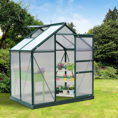 Outsunny 6 x 4ft Polycarbonate Greenhouse, Large Walk-In Green House with Slide Door and Window, Garden Plants Grow House with Aluminium Frame and Foundation, Dark Green