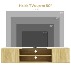 HOMCOM Floating TV Stand Cabinet for TVs up to 60", Wall Mounted TV Unit with Open Shelf, Storage Cupboards and Cable Management for Living Room, Natural Wood Effect