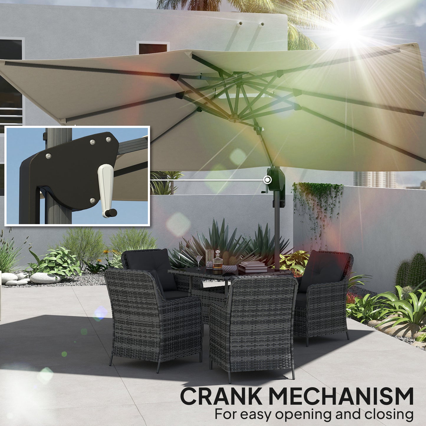Outsunny 3.7 x 2.7 m Cantilever Parasol w/ 360√Ç¬∞ Rotation and Easy Tilt Adjustment, Aluminium Hanging Offset Outdoor Umbrella w/ Double Top and Cross Base, UPF50+ Hanging Sun Shade, Grey Wood Effect