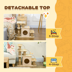 PawHut Adjustable Cat Steps, with House & Hanging Toy Ball - Beige