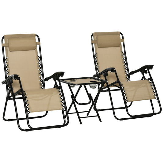 Outsunny Folding Zero Gravity Chairs, 3 Pieces Adjustable Sun Lounger and Table Set with Cup Holder and Headrest, Bistro Set with Reclining Garden Chairs for Patio, Beige