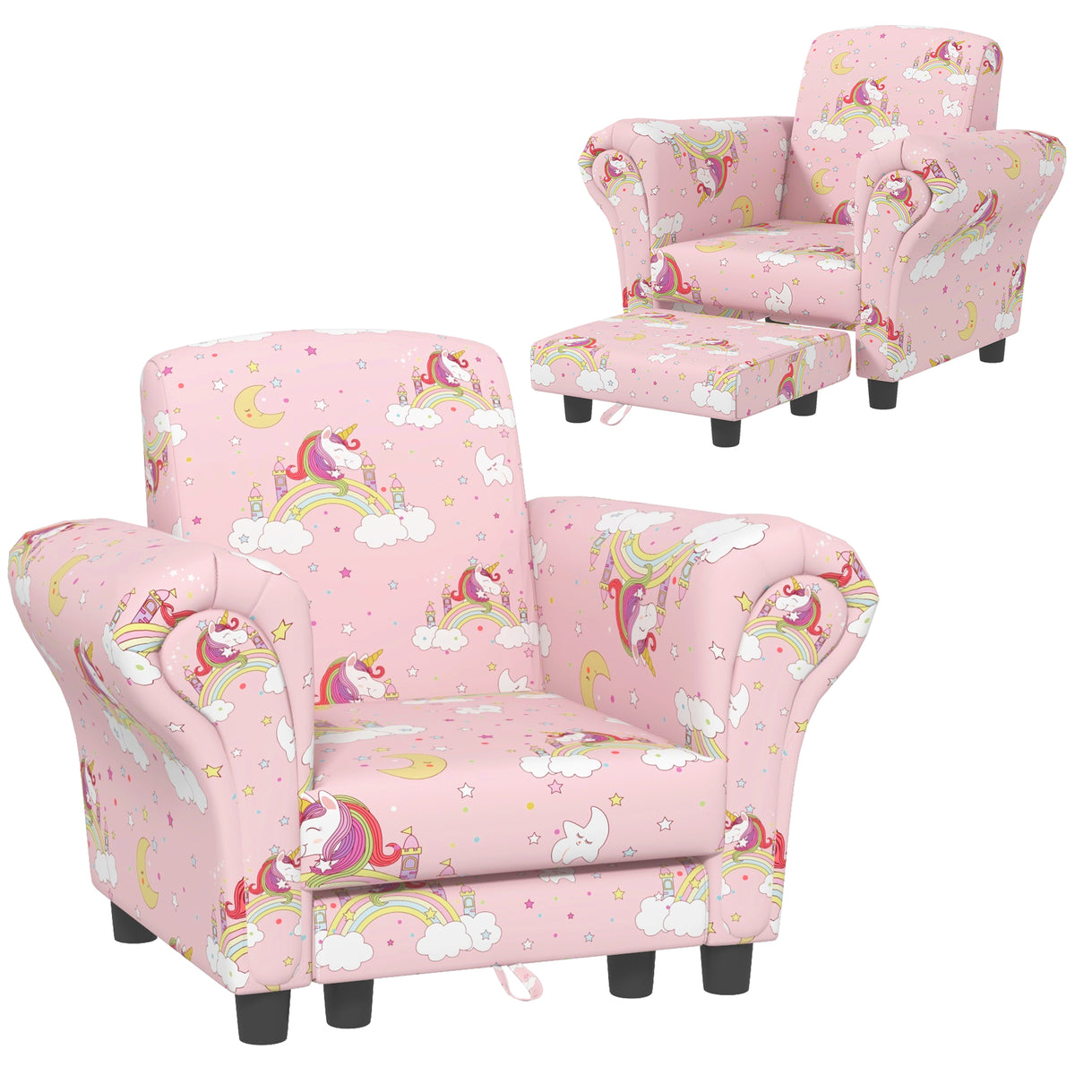 AIYAPLAY 2 Piece Kids Sofa Set with Unicorn Design, Wooden Frame, for 1.5-3 Years Old, Pink