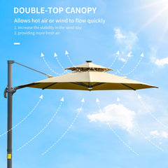 Outsunny 3m Cantilever Parasol w/ Solar Lights Power Bank Base 360√Ç¬∞ Spin Khaki