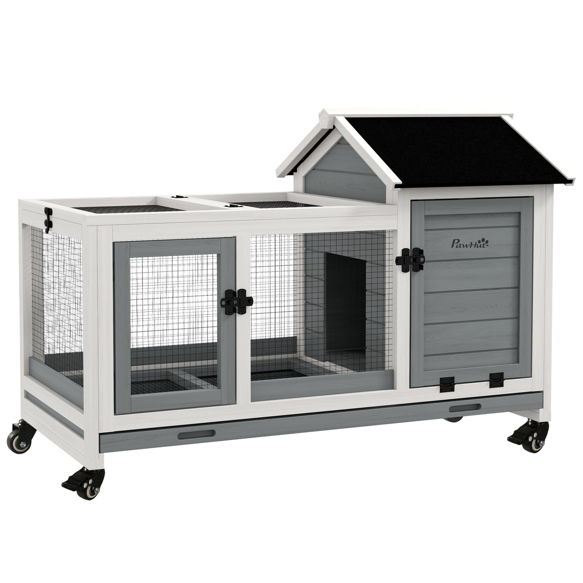 PawHut Wooden Rabbit Hutch, Guinea Pig Cage, with Removable Tray, Wheels - Grey