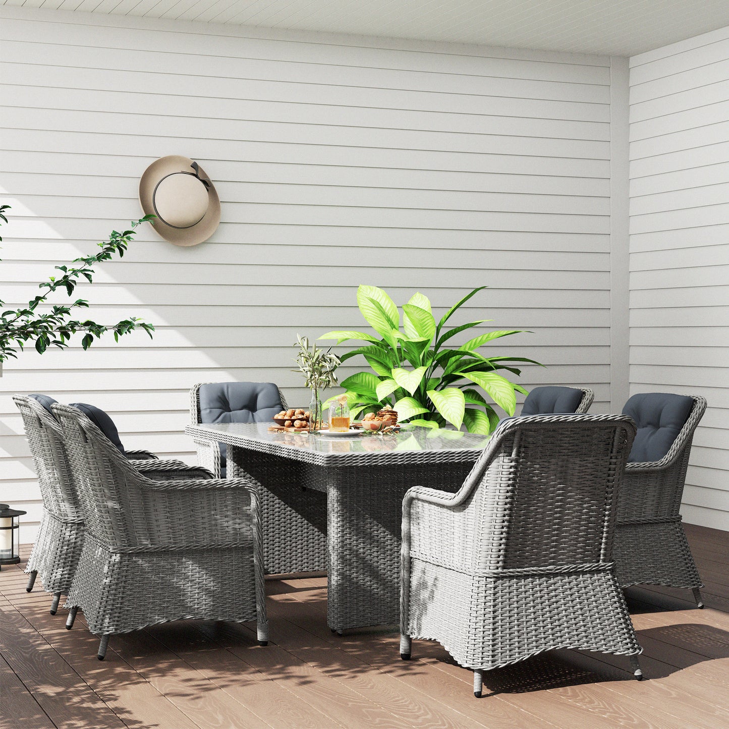 Outsunny 6 Seater Rattan Dining Set, Round PE Rattan Garden Furniture Set with Seat and Back Cushions, Aluminium Outdoor Dining Table and Chairs with 6 Armchairs, Rectangular Glass Top Table, Grey
