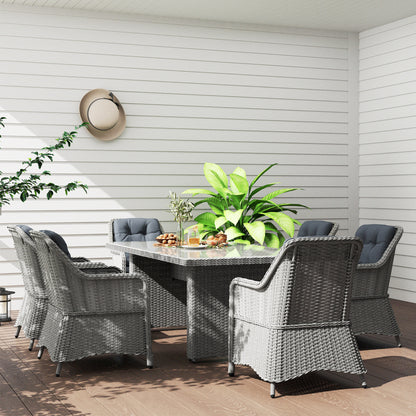 Outsunny 6 Seater Rattan Dining Set, Round PE Rattan Garden Furniture Set with Seat and Back Cushions, Aluminium Outdoor Dining Table and Chairs with 6 Armchairs, Rectangular Glass Top Table, Grey