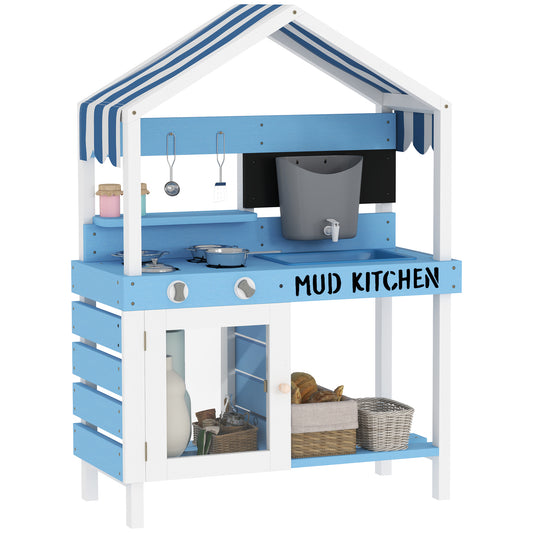 AIYAPLAY Kids Mud Kitchen Outdoor with Stoves, Sink, Faucet, Storage Shelves, Cookware Accessories for Boys Girls, Blue