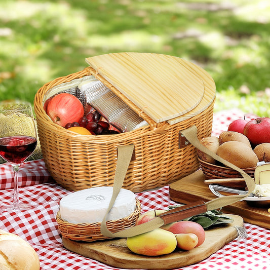 Outsunny Wicker Picnic Basket for 2 with Pine Wood Lid, Picnic Hamper with Cooler Compartment, Cutlery Service Kits, Carry Handle for Camping, Outdoor, Valentine Day, Chirtmas, Birthday, Light Brown