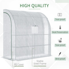 Outsunny Walk-In Lean to Wall Greenhouse with Windows and Doors 2 Tiers 4 Wired Shelves 200L x 100W x 215Hcm White