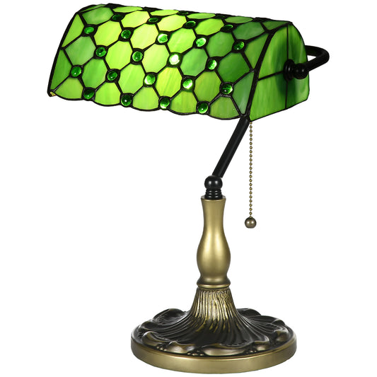 HOMCOM Stained Glass Table Lamp, Vintage Lamp with Green Handmade Shade, Metal Base, Antique Bedside Lamp for Bedroom Living Room Home Decoration