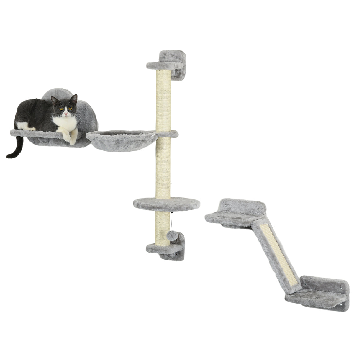 PawHut Three-Piece Wall-Mounted Cat Shelves, with Hammock, Ladder, Platforms, Scratching Post - Grey