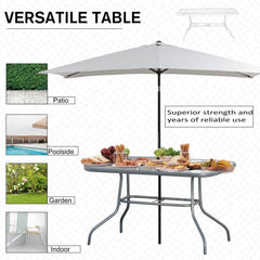 Outsunny Garden Dining Table Glass Top Metal Frame with Parasol Hole Outdoor Balcony Grey 120L x 80Wcm