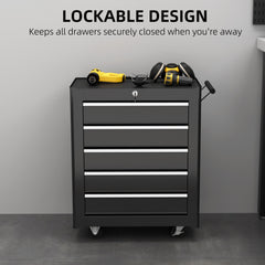 HOMCOM 5-Drawer Tool Chest with Wheels, Steel Lockable Tool Storage Cabinet with Handle, 2 Keys for Garage, Workshop, Black