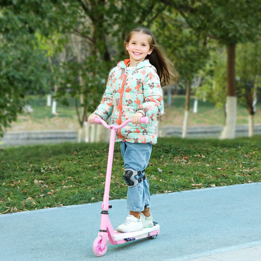 AIYAPLAY Electric Scooter for Kids Ages 4-7, with Auxiliary Rear Wheels, Flashing LED Light and Electric Brake, Kids Electric Scooter for Boys Girls, 6 KM/H & 8 KM, Pink